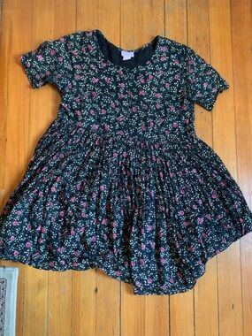 Vintage Black Floral Short Sleeve Dress with Pink Rose Print